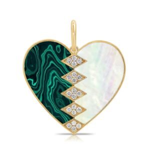 925 Sterling Silver Diamond Half Malachite Half Mother of Pearl Heart Pendant