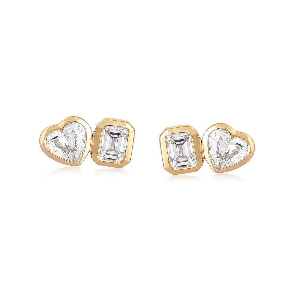 925 Sterling Silver Diamond Heart Emerald Cut Stud Earring
