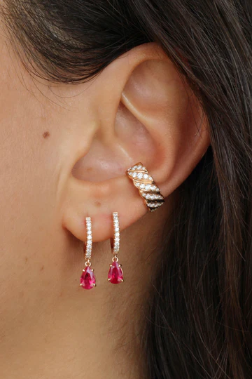 925 Sterling Silver Diamond Hoops adorning Pear Drop and Pink Sapphire