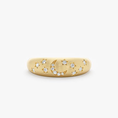 925 Sterling Silver Diamond Moon Star Brushed Dome Ring