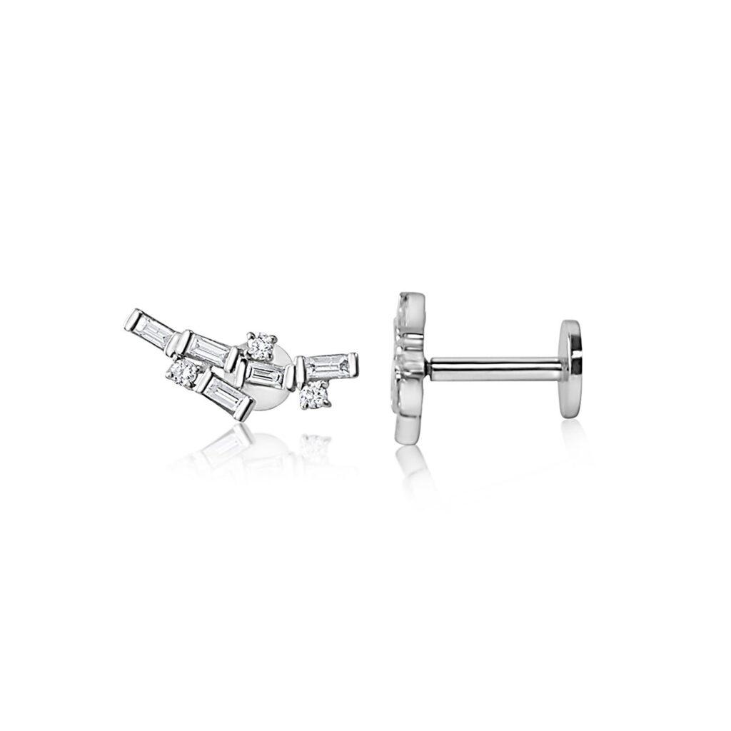 925 Sterling Silver Diamond Multi Baguette Flat Back Earring