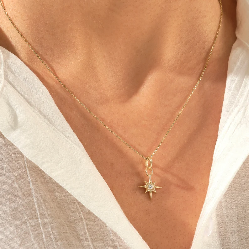 925 Sterling Silver Diamond North Star Necklace | Unique Celestial Pendant Necklace