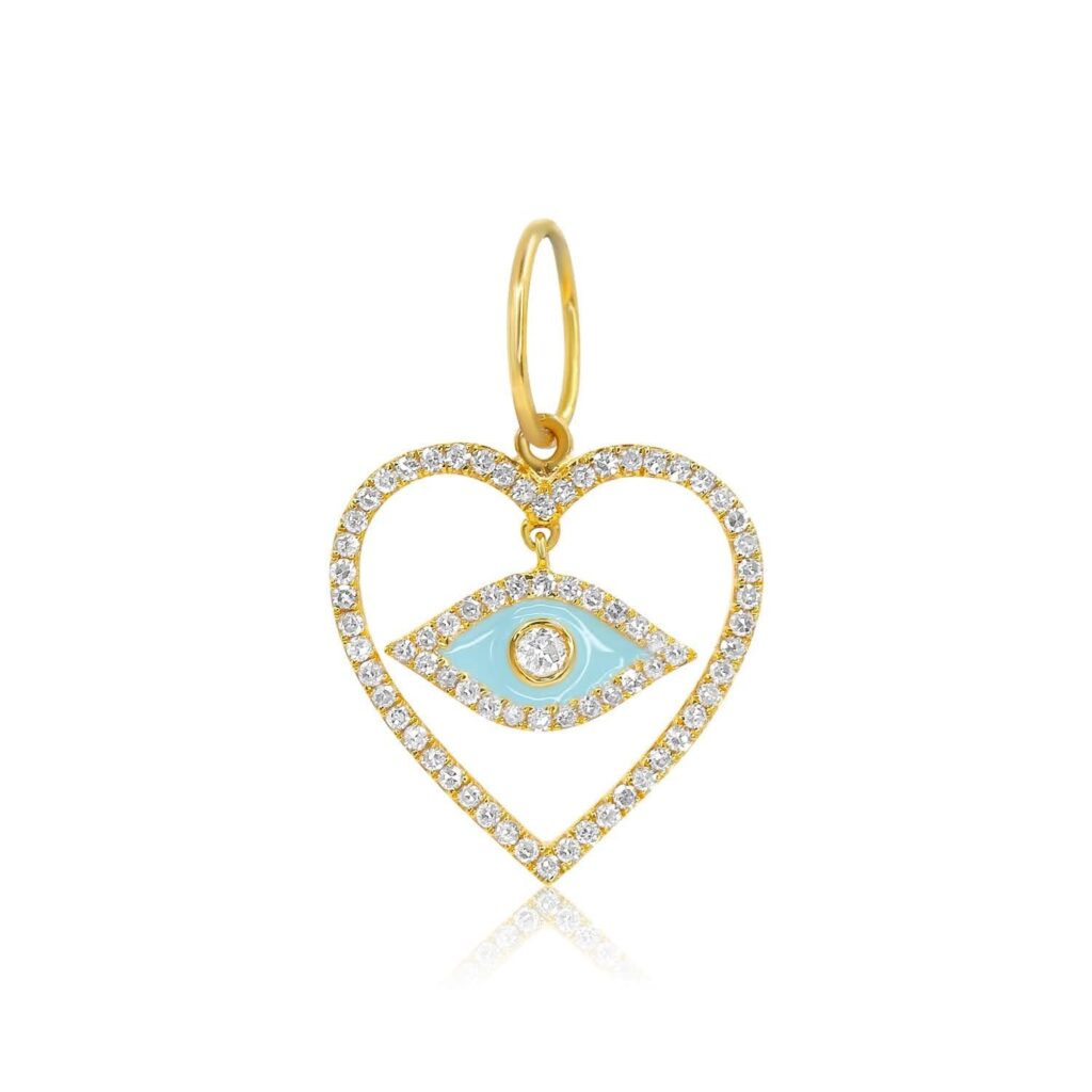 925 Sterling Silver Diamond Open Heart Turquoise Enamel Evil Eye Pendant