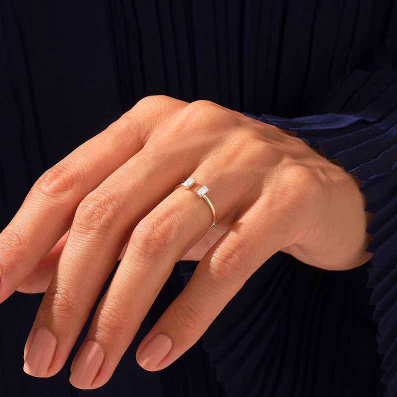 925 Sterling Silver Diamond Open Wedding Band, Elegant Baguette Cuff Ring for Women