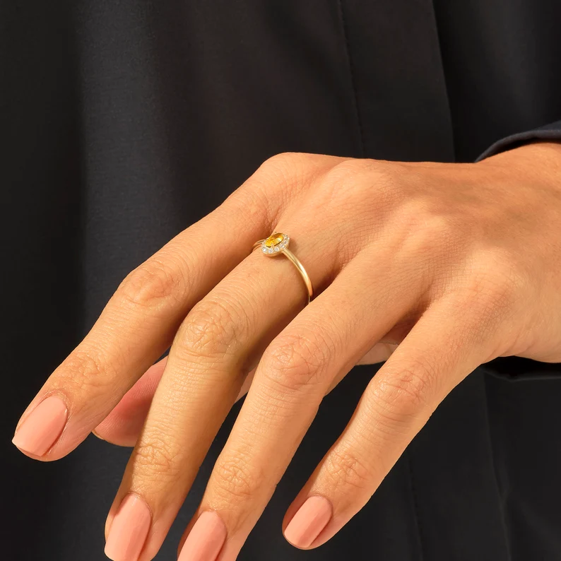 925 Sterling Silver Diamond Oval Citrine Ring