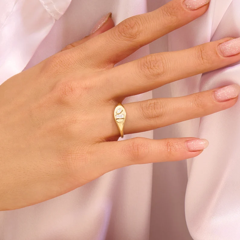 925 Sterling Silver Diamond Oval Signet Ring: Baguette Marquise Cut Statement Piece