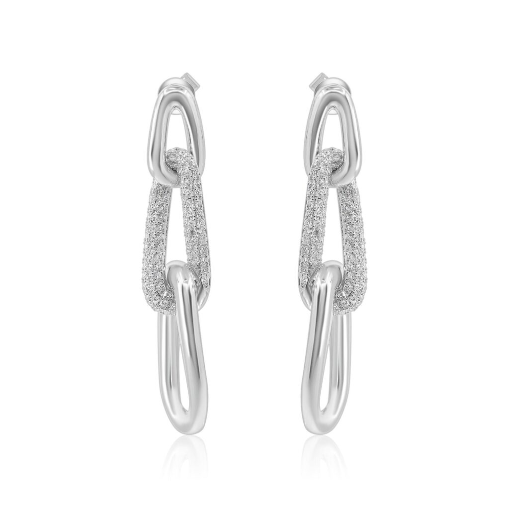 925 Sterling Silver Diamond Paperclip Drop Earring