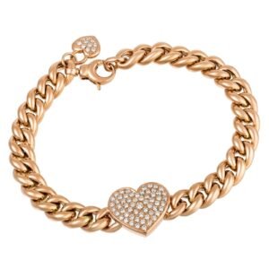925 Sterling Silver Diamond Pave Heart Cuban Link Chain Bracelet