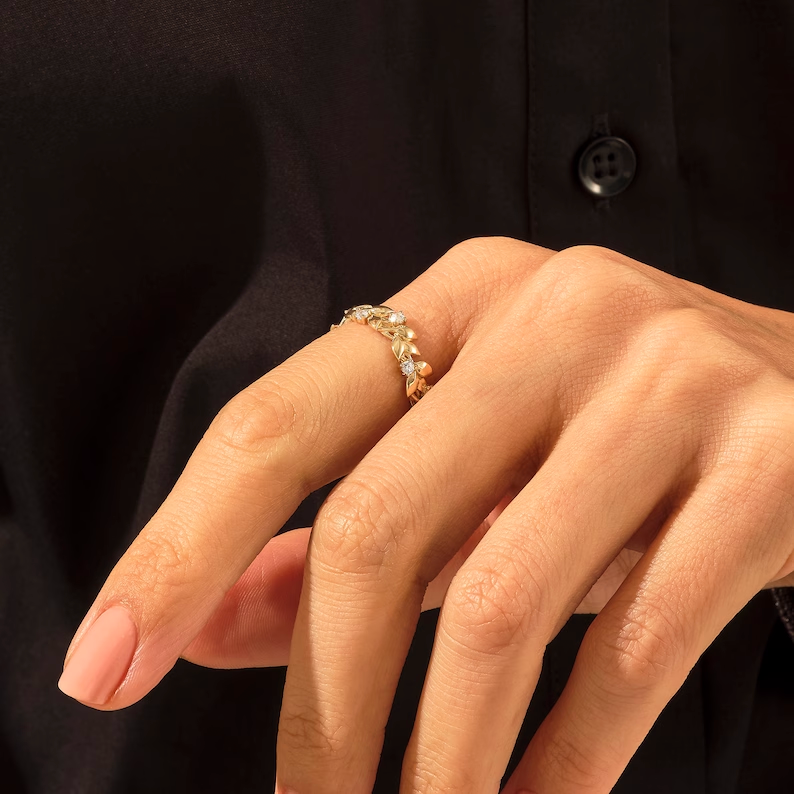 925 Sterling Silver Diamond Pave Leaf Ring