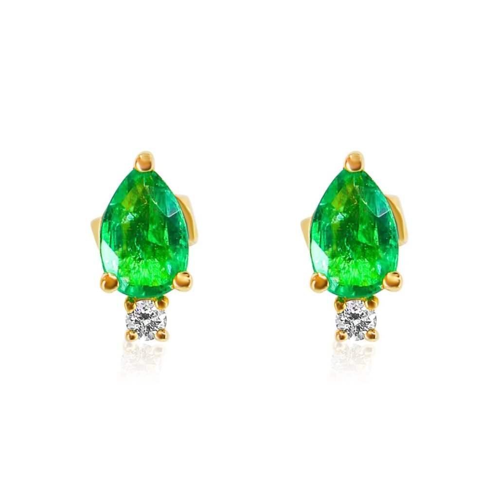 925 Sterling Silver Diamond Pear Shaped Emerald Stud Earring