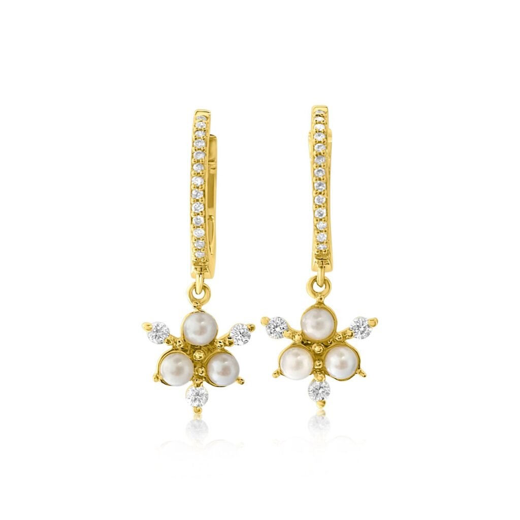 925 Sterling Silver Diamond Pearl Cluster Drop Hoop Earring