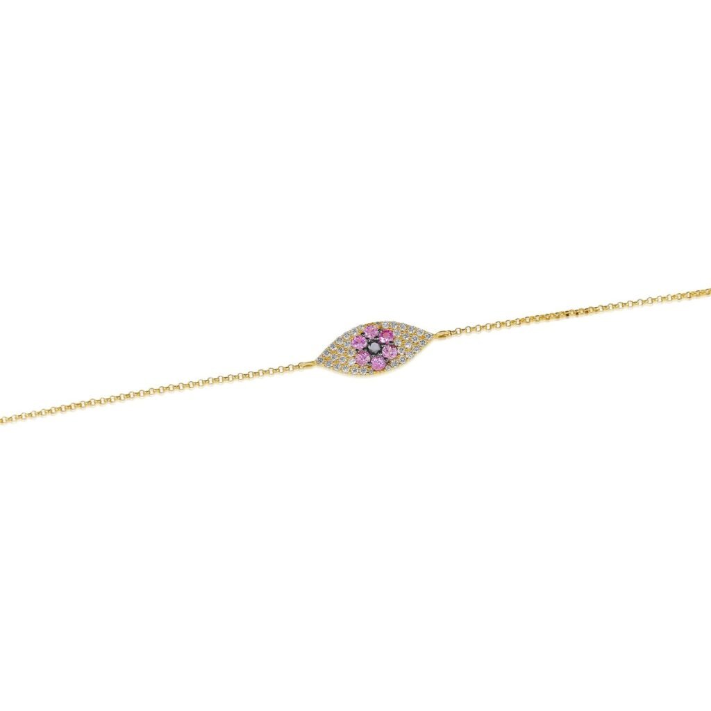 925 Sterling Silver Diamond Pink Sapphire Evil Eye Bracelet