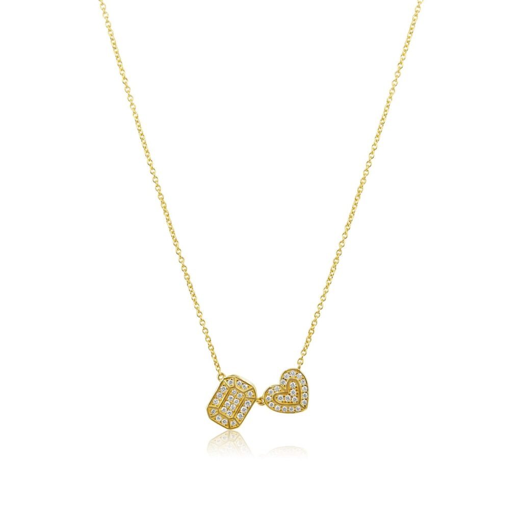 925 Sterling Silver Diamond Rectangle Octagon Heart Necklace