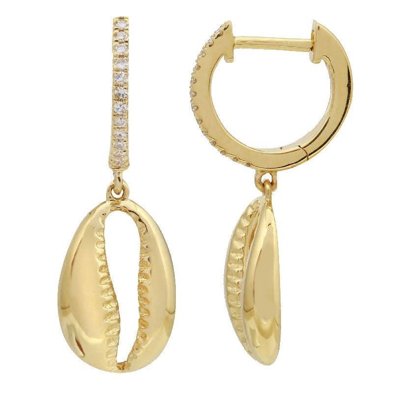 925 Sterling Silver Diamond Shell Drop Hoop Earrings