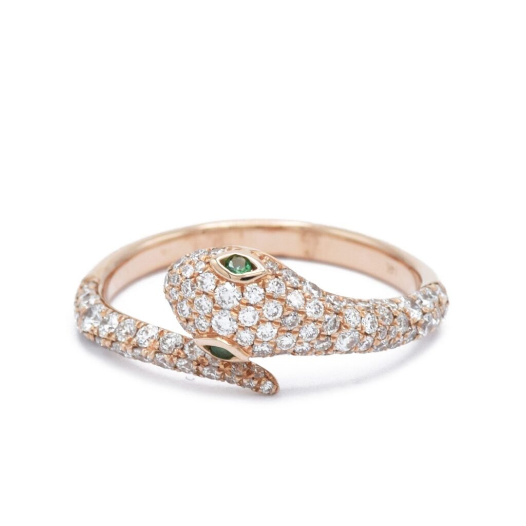 925 Sterling Silver Diamond Snake Ring With Emerald Eyes