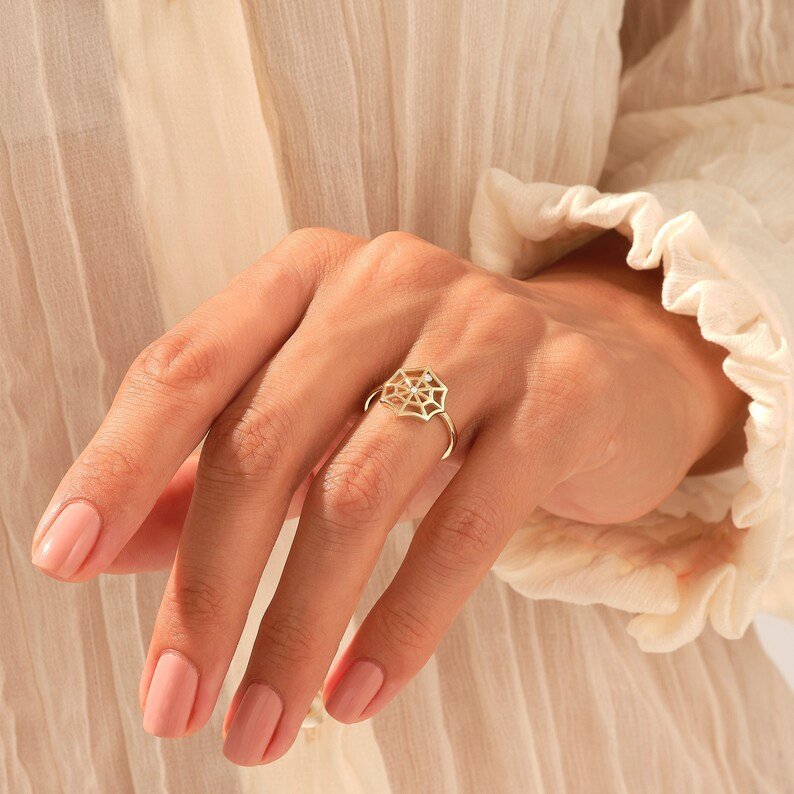 925 Sterling Silver Diamond Spider Web Ring