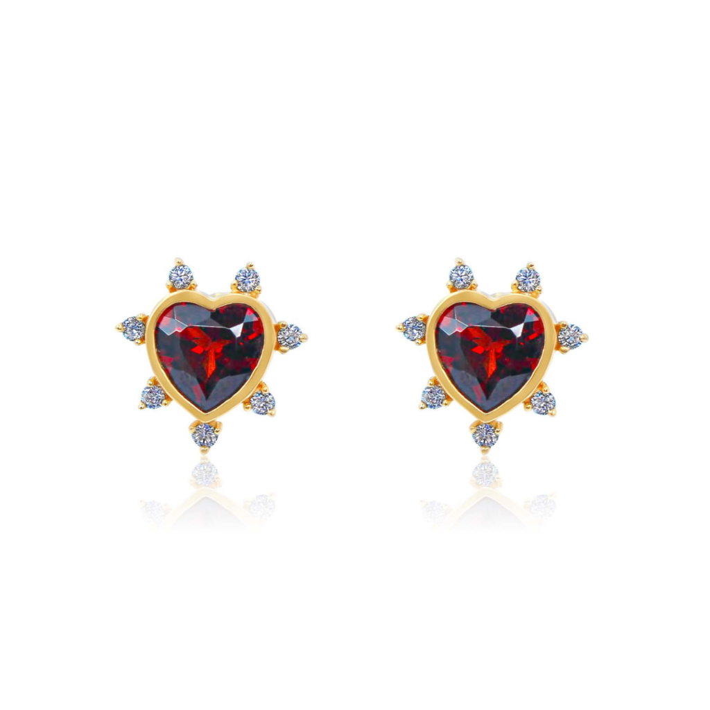 925 Sterling Silver Diamond Spikes Garnet Heart Earring