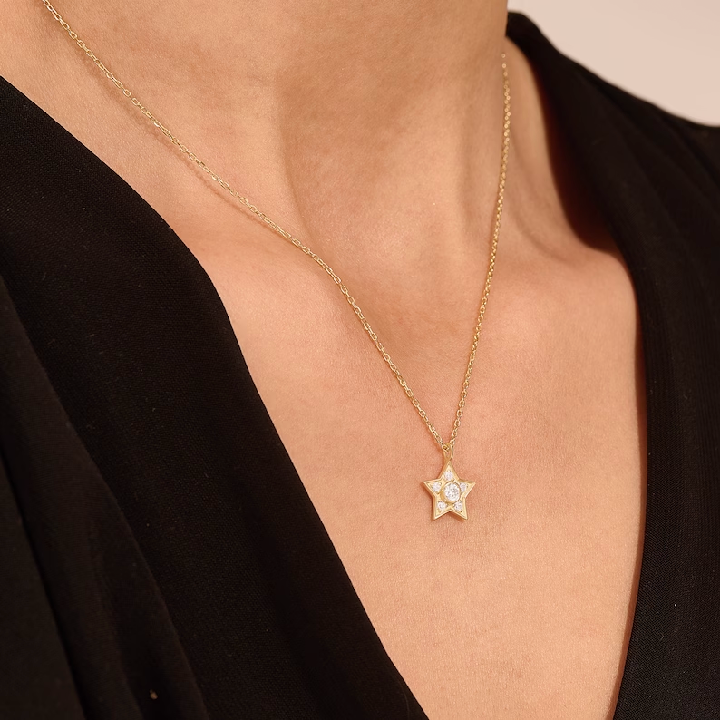 925 Sterling Silver Diamond Star Necklace: Tiny Solitaire Pendant for Stacking Choker