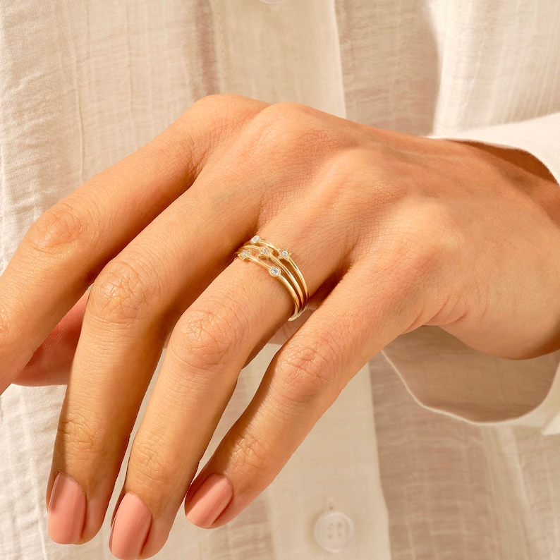 925 Sterling Silver Diamond Stars Ring