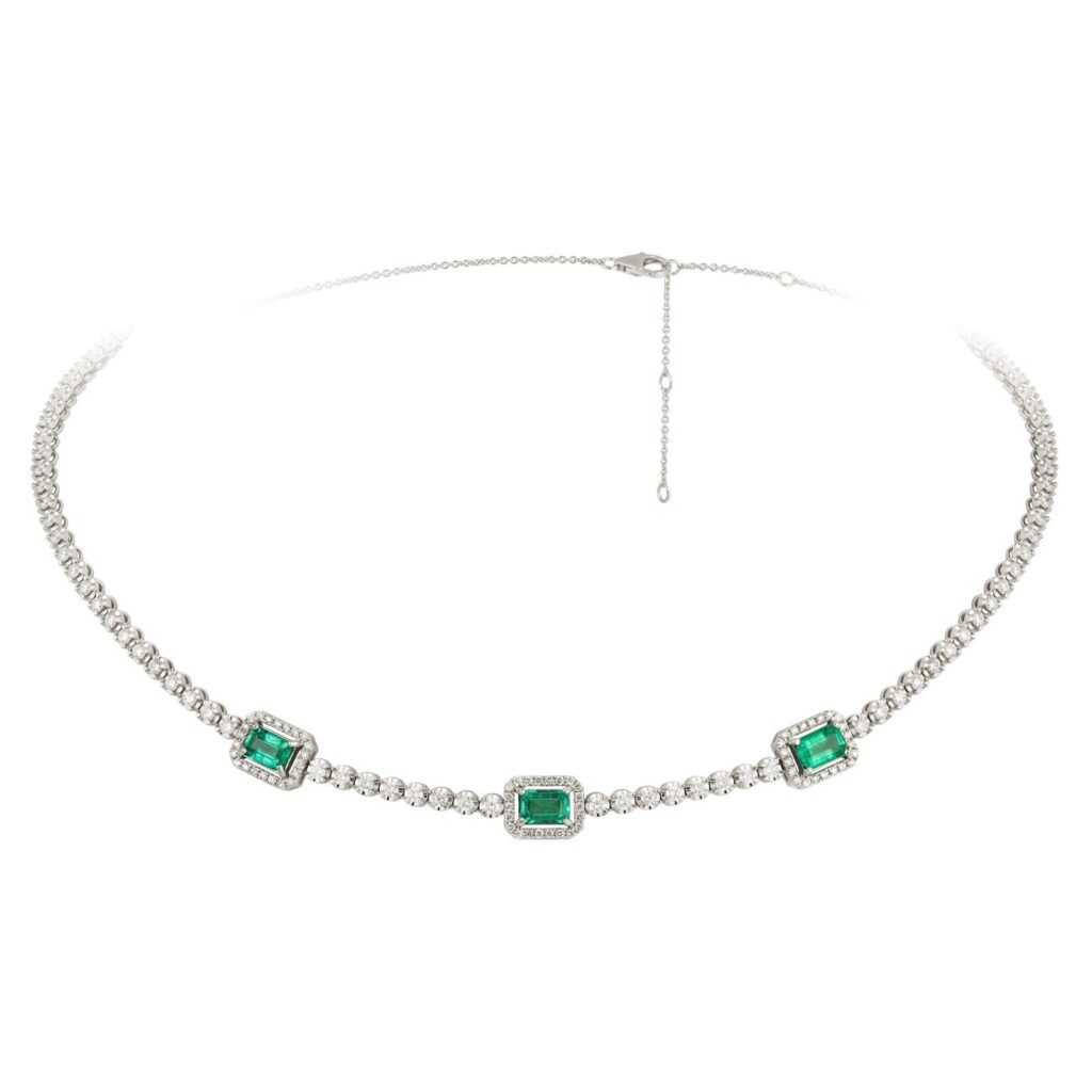 925 Sterling Silver Diamond Tennis Triple Emerald Necklace