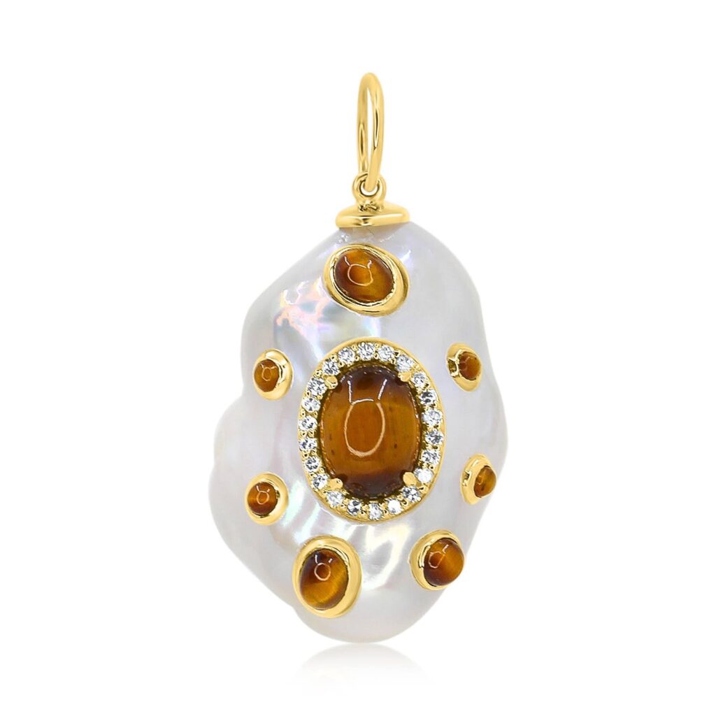 925 Sterling Silver Diamond Tiger Eye Baroque Pearl Pendant