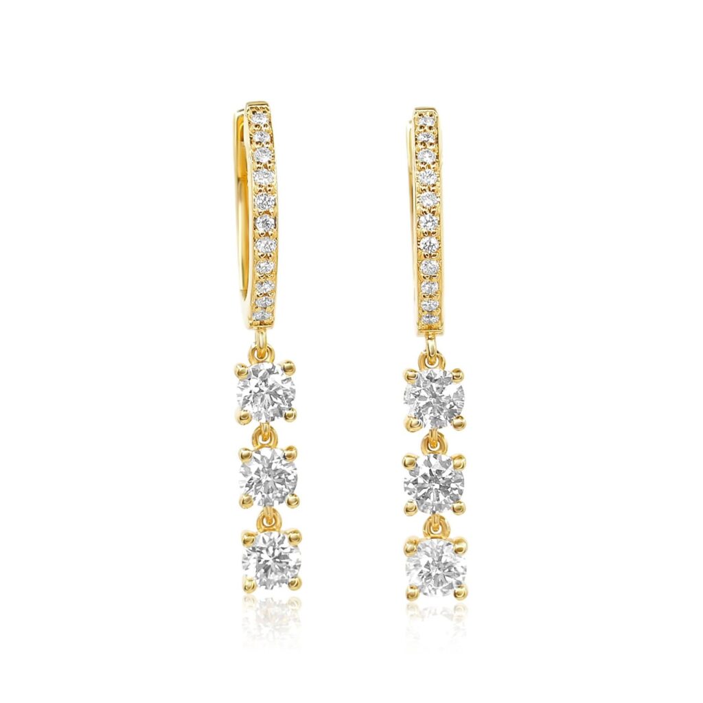 925 Sterling Silver Diamond Triple Prong Drop Hoop Earrings