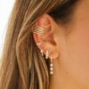 925 Sterling Silver Diamond Triple Prong Drop Hoop Earrings - Image 2