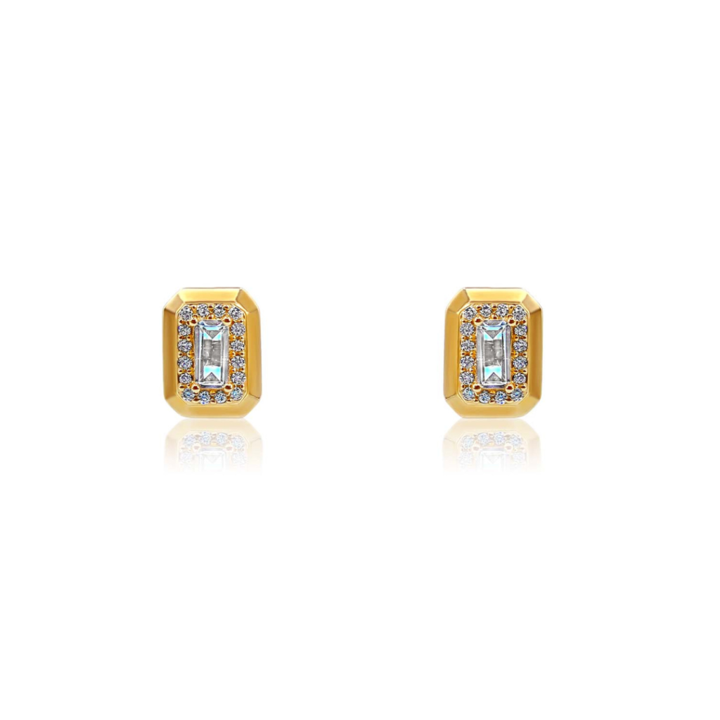 925 Sterling Silver Diamond White Topaz Emerald Cut Earring