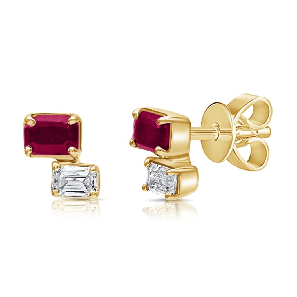 925 Sterling Silver Double Baguette Diamond and Ruby Earring Stud