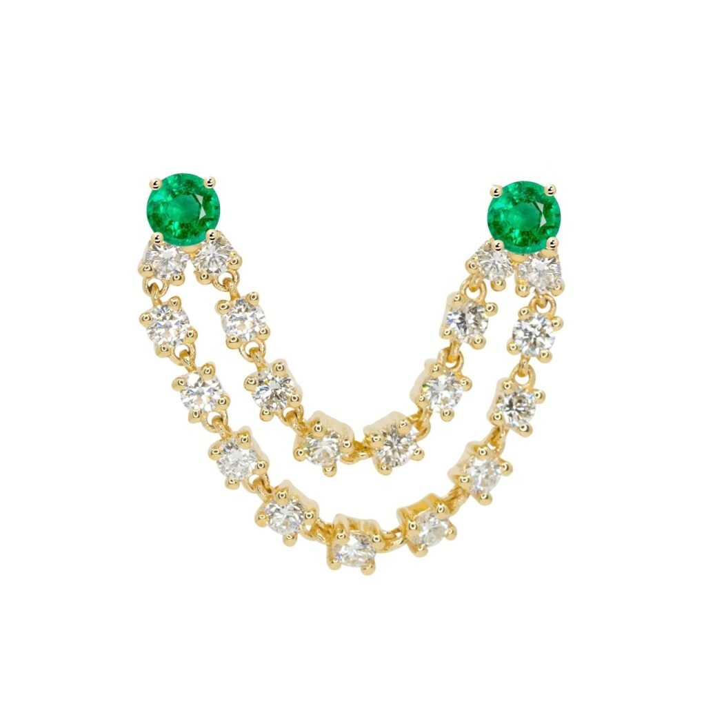 925 Sterling Silver Double Diamond Emerald Connecting Earring