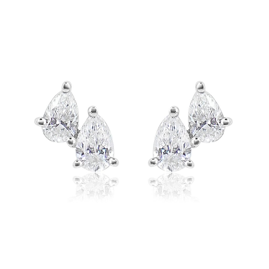 925 Sterling Silver Double Diamond Pear Shaped Stud Earring