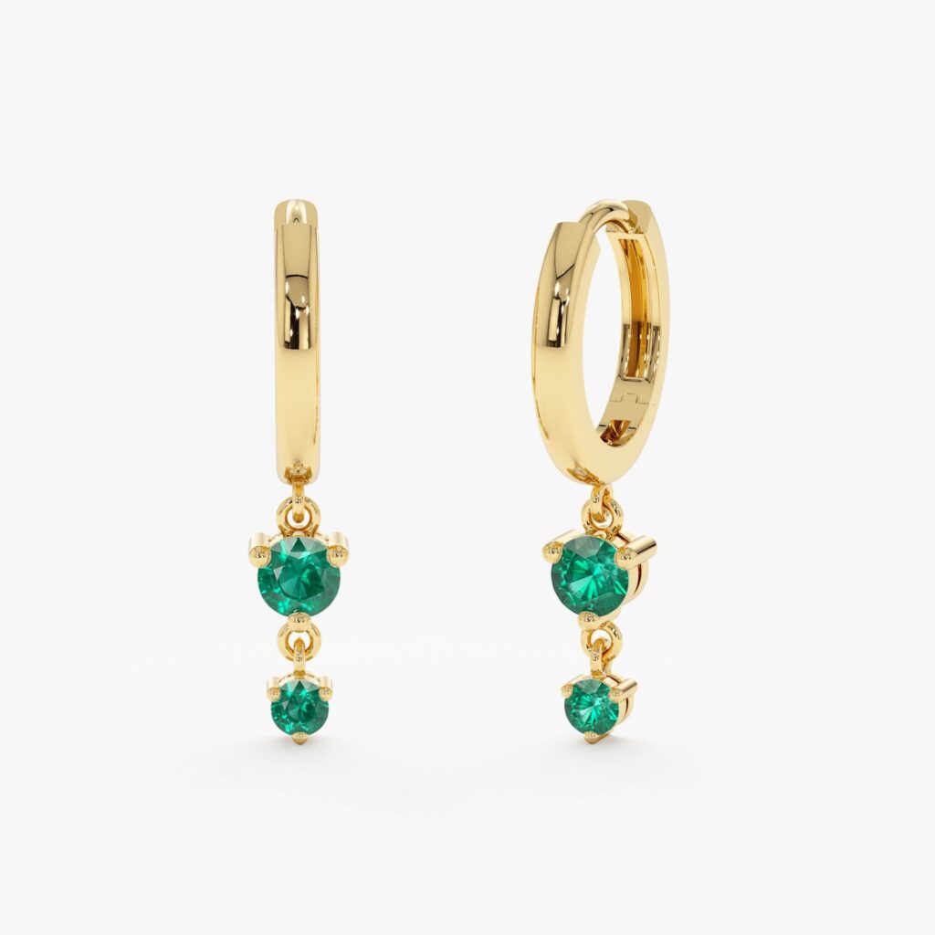 925 Sterling Silver Double Emerald Drop Huggies