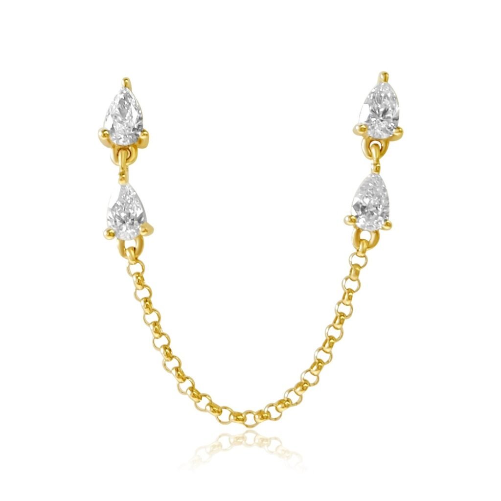 925 Sterling Silver Double Pear Diamond Chain Connecting Earring