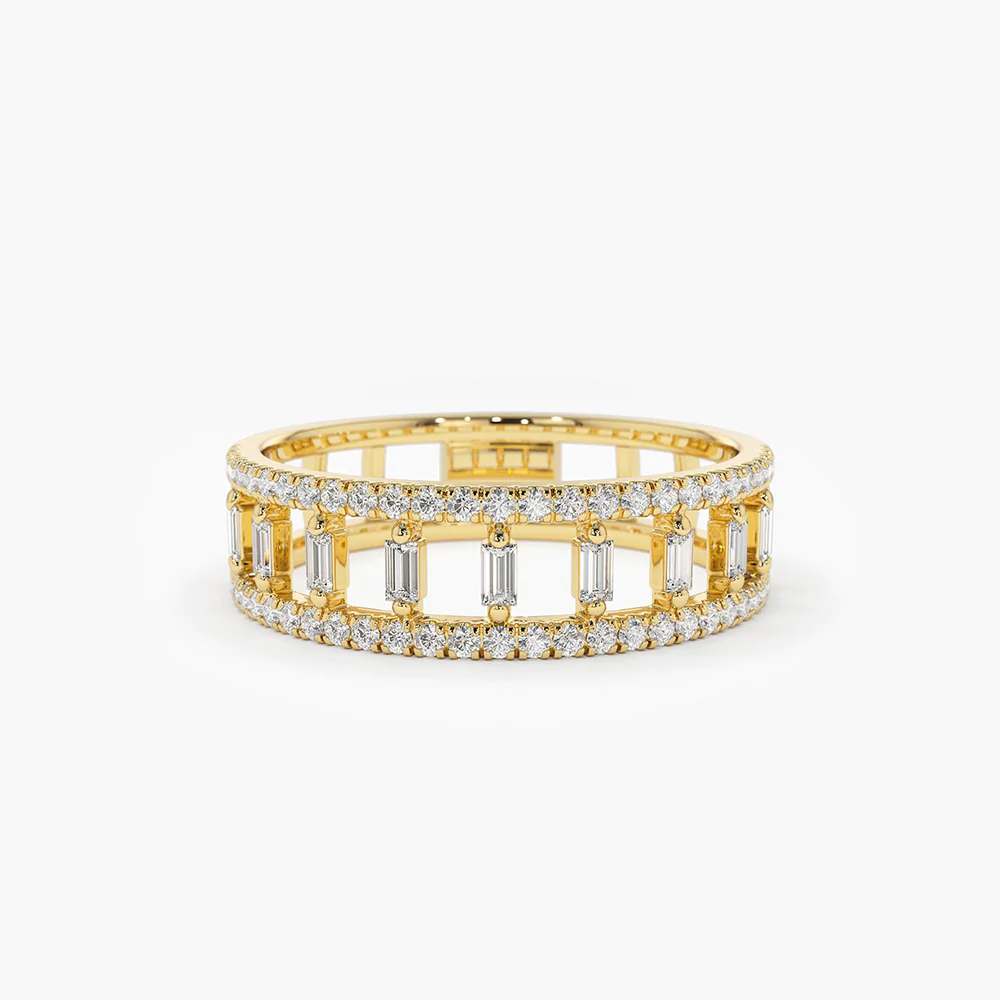 925 Sterling Silver Double Row Micro Pave Diamond Ring with Baguette Diamond
