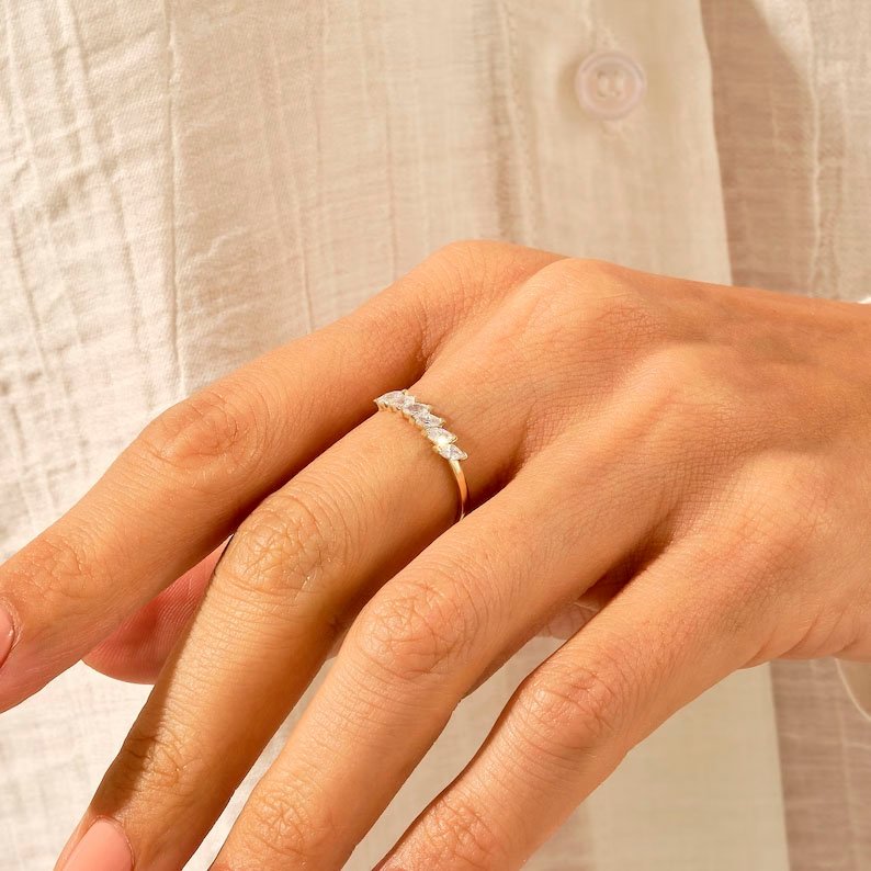 925 Sterling Silver Elegant Diamond Marquise Wedding Ring, Slanted 6 Stone Stackable Band