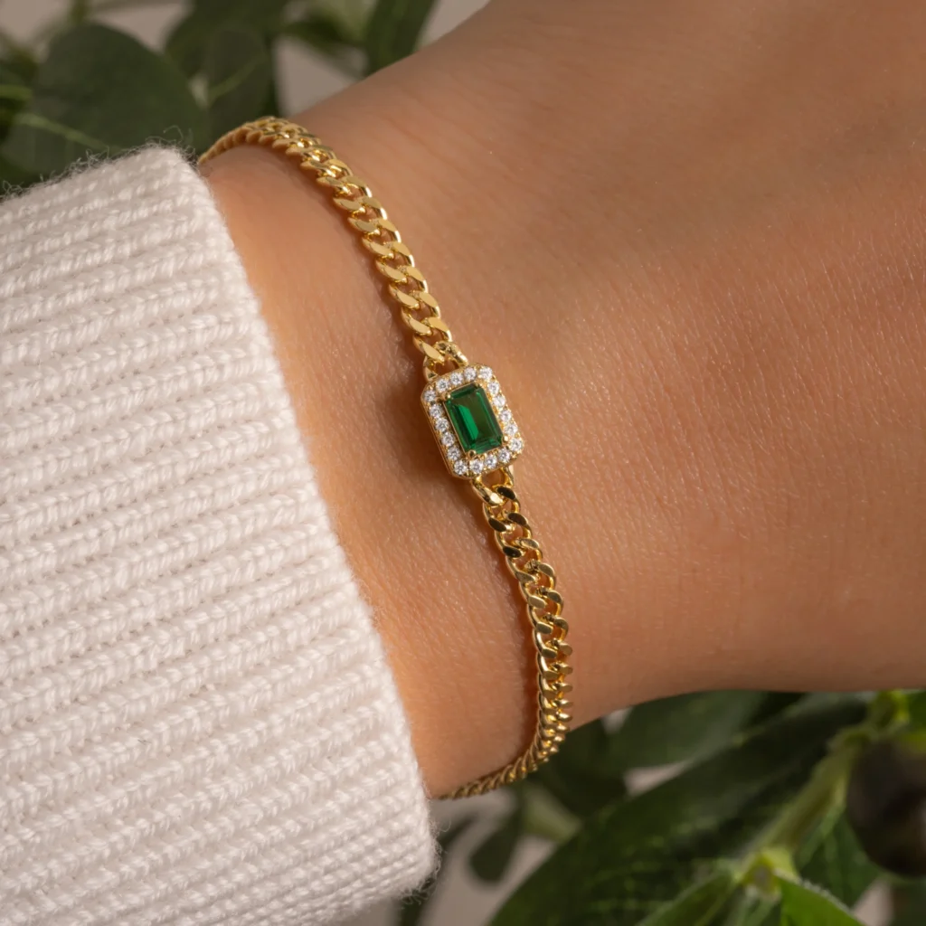 925 Sterling Silver Emerald and Diamond Cuban Bracelet