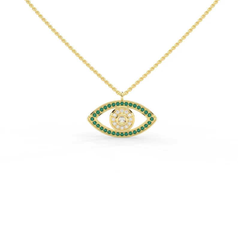 925 Sterling Silver Emerald and Diamond Evil Eye Pendant