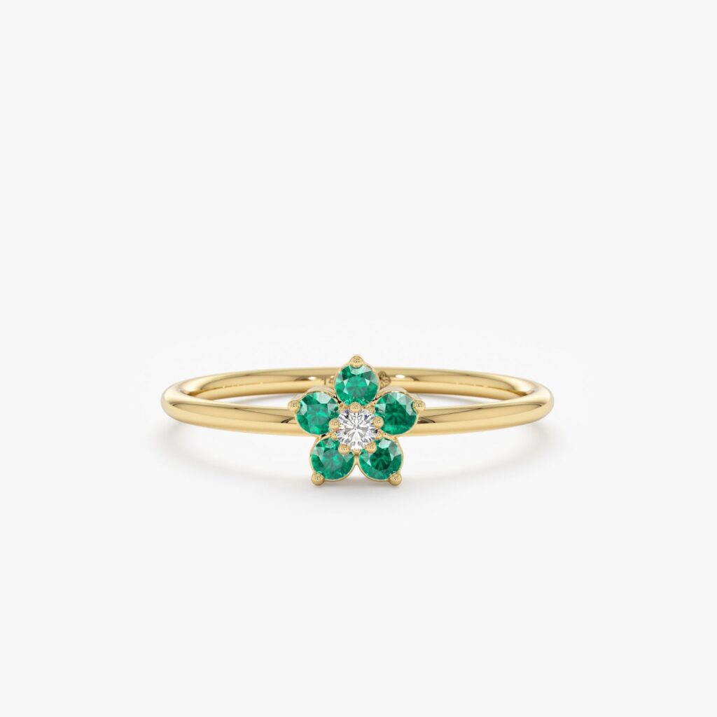 925 Sterling Silver Emerald and Diamond Flower Ring