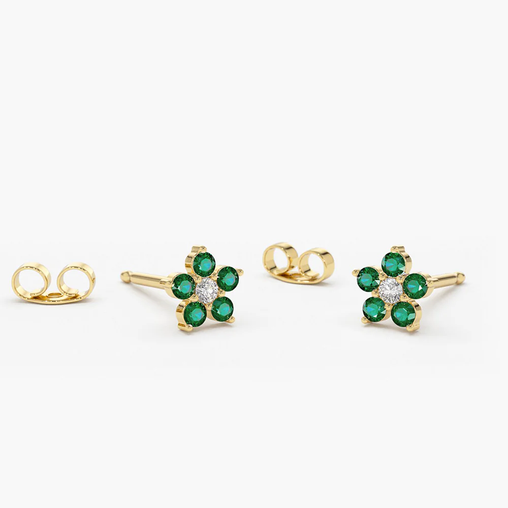 925 Sterling Silver Emerald and Diamond Flower Studs