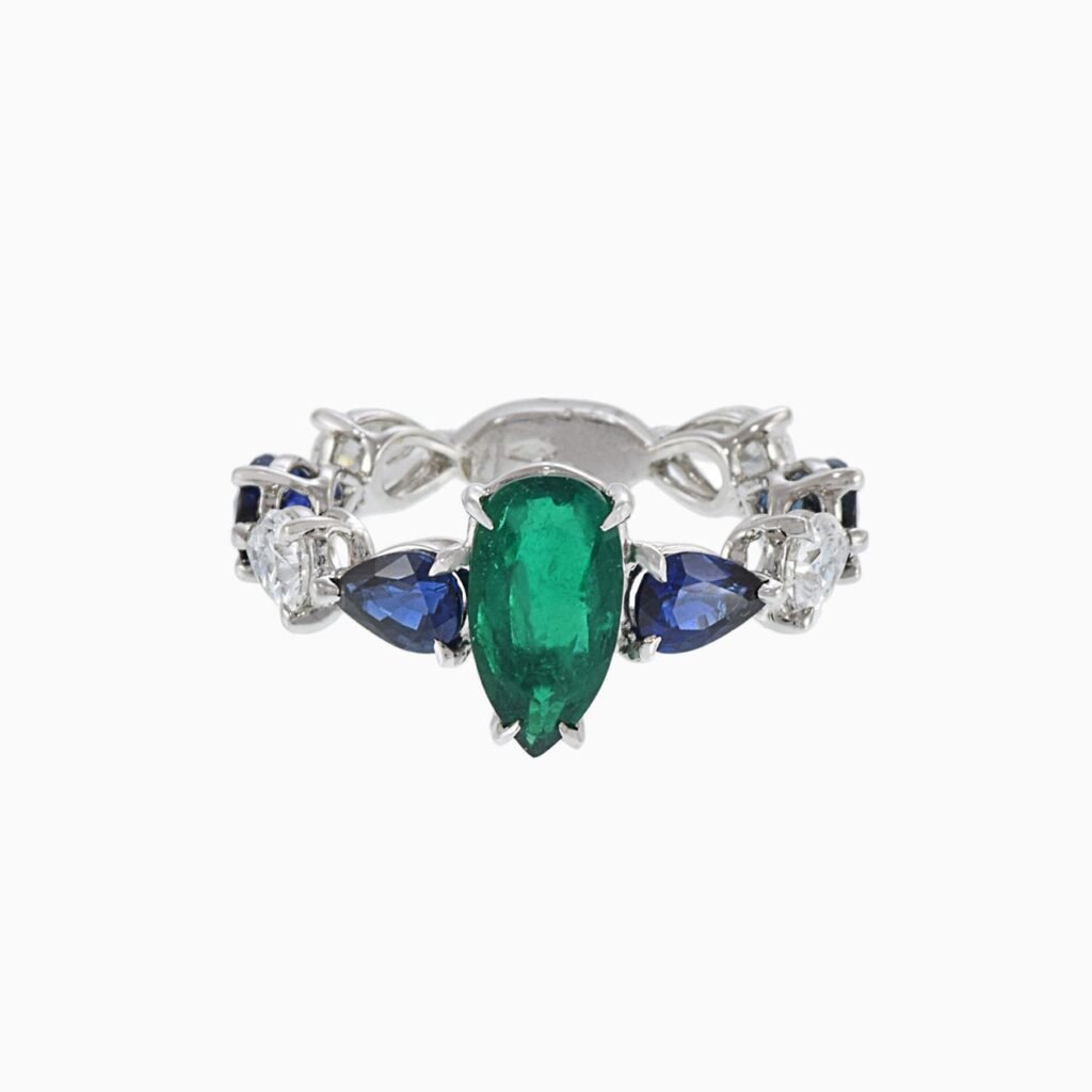 925 Sterling Silver Emerald and Sapphire Diamond Ring