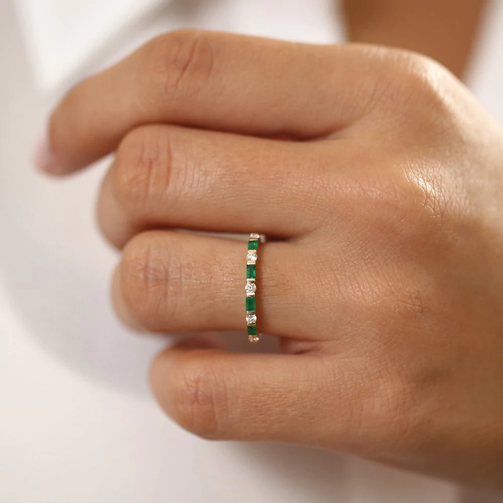 925 Sterling Silver Emerald Baguette and Diamond Stackable Wedding Ring