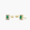 Sterling silver earrings with emerald baguettes and halo stones