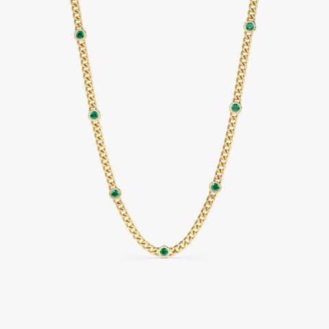 925 Sterling Silver Emerald Cuban Chain Station Necklace