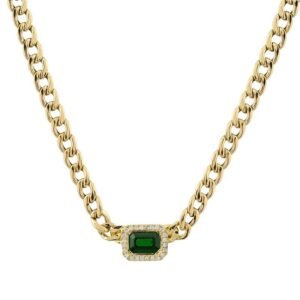 925 Sterling Silver Emerald Cut Emerald Cuban Link Chain Necklace