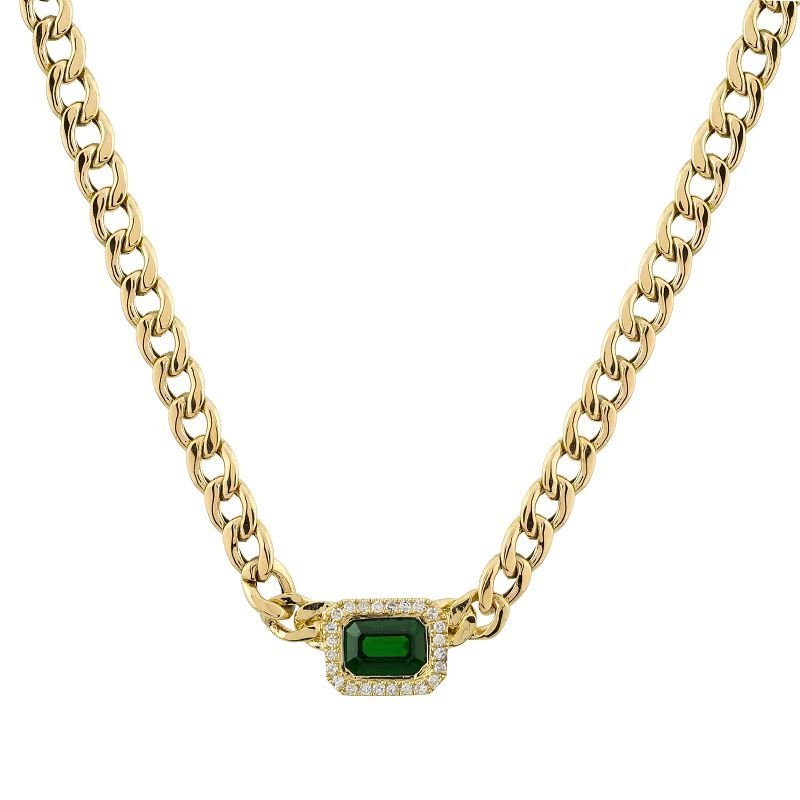 925 Sterling Silver Emerald Cut Emerald Cuban Link Chain Necklace