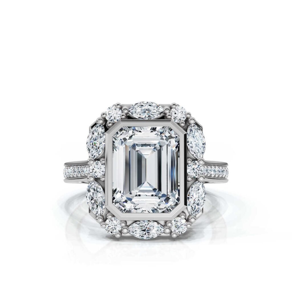 925 Sterling Silver Emerald Cut Halo Diamond Engagement Ring