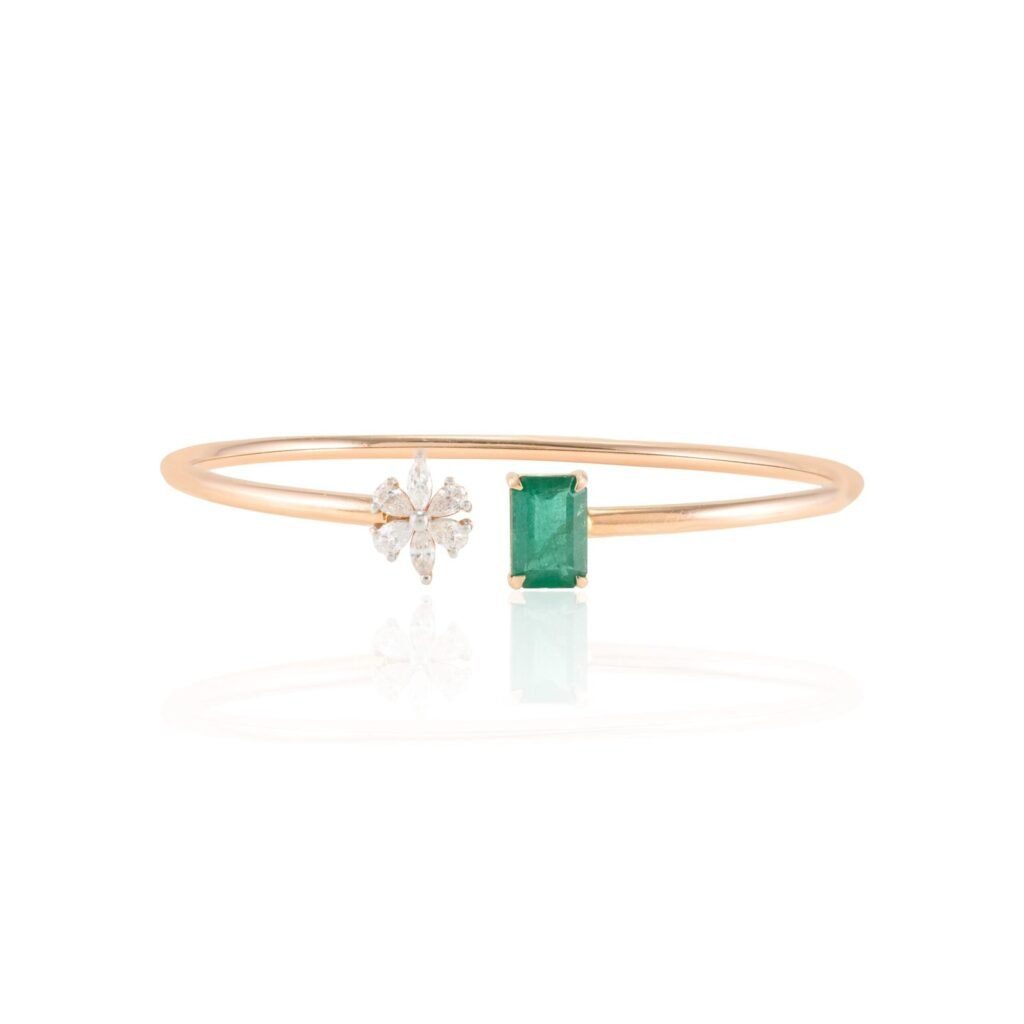 925 Sterling Silver Emerald Diamond Cuff Bracelet