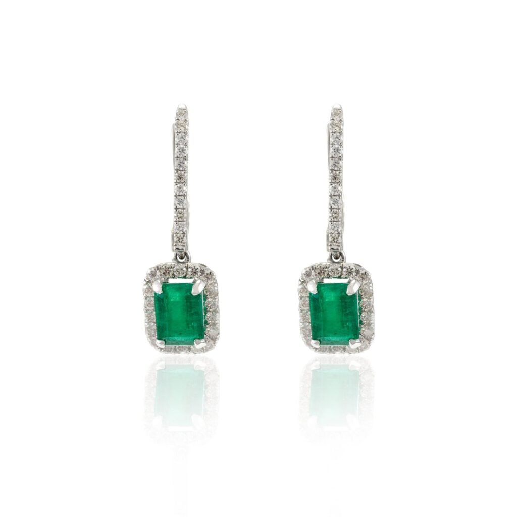 925 Sterling Silver Emerald & Diamond Dangle Earrings