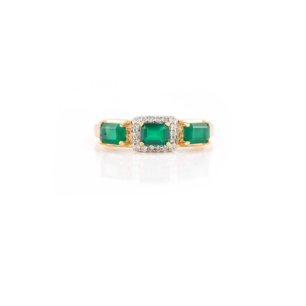 925 Sterling Silver Emerald Diamond Halo Trinity Ring