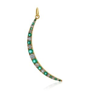 925 Sterling Silver Emerald Diamond Long Crescent Moon Pendant